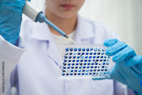 Scientist with cell culture in sample micro plate for research in science laboratory.