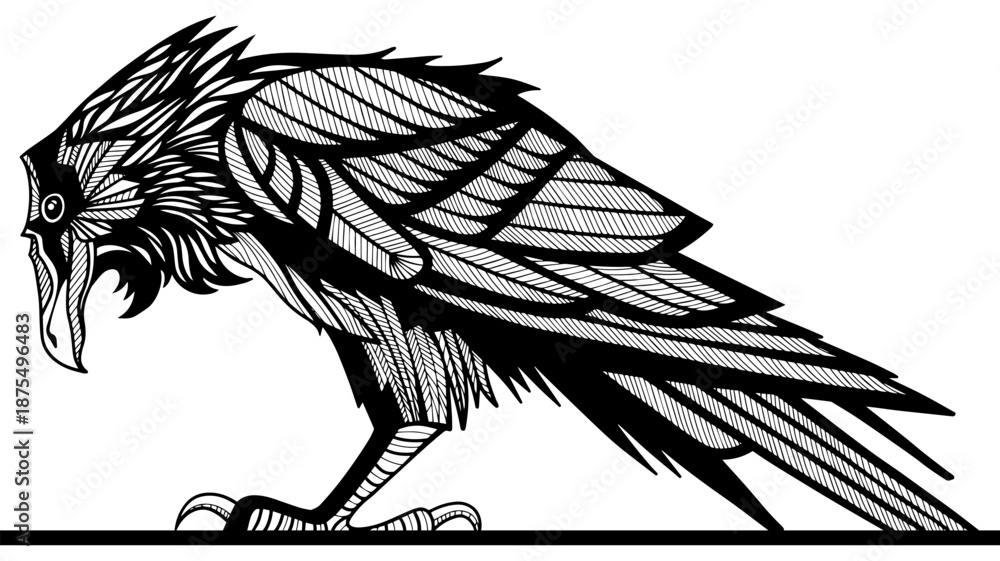 Naklejka premium Vector illustration of a raven in dark graphic style. Black and white bird with detailed feathers, mystical and gothic aesthetic, isolated on white background.
