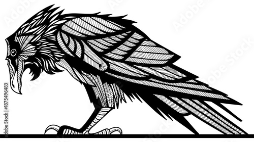 Vector illustration of a raven in dark graphic style. Black and white bird with detailed feathers, mystical and gothic aesthetic, isolated on white background.