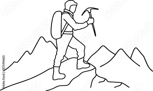Minimalist continuous line art illustration of a mountain climber hiking uphill, holding an ice axe in one hand, wearing outdoor gear and boots.
