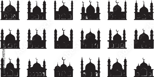 Black Mosque Silhouettes on White Background