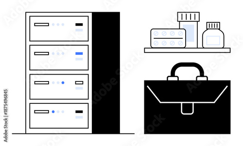 Healthcare management, pharmaceutical storage, medical equipment, organization, professional services, business essentials. Medicine cabinet, drug containers and briefcase. Healthcare management