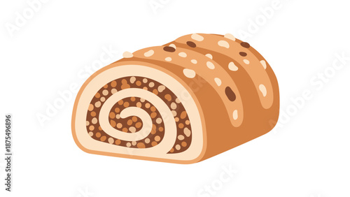 Sweet Nut Roll Pastry Vector Illustration, Traditional Sliced Swirl Cake Dessert Isolated on White Background