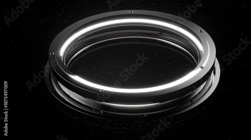 A silver ring with a reflective surface is centered on a dark background.