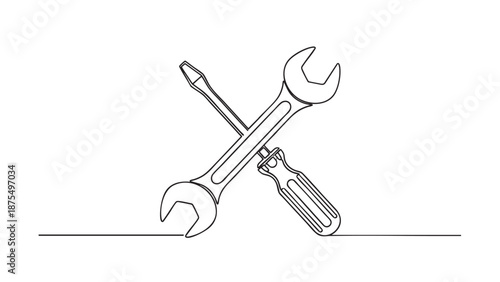 A minimalist line art illustration features a wrench and screwdriver crossed against a clean white background, perfect for concepts of repair and DIY.