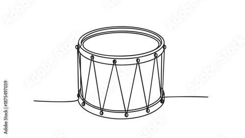 A minimalist, single-line drawing of a snare drum with its iconic tensioning system, set against a clean white backdrop, perfect for graphic design and music themes.