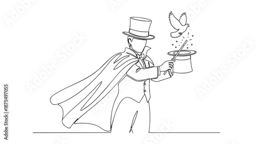 A continuous line drawing depicts a magician in a top hat and cape performing a trick, magically pulling a dove from an upside-down hat with a wand.