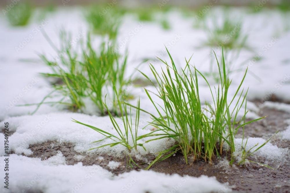 Obraz premium Emerging green grass through late winter snow on bare ground