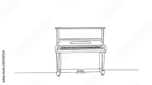 A minimalist line drawing of an upright piano featuring black and white keys and pedals, perfect for music-related concepts or design elements.