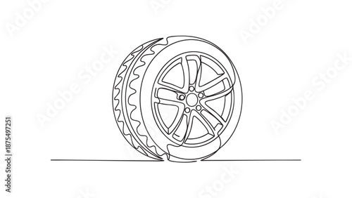 A minimalist single line drawing of a car tire with intricate tread detail and a sleek rim, presented on a clean white background.