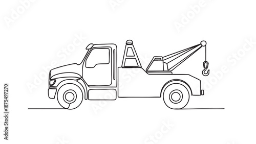 A simple black line drawing of a tow truck, presented on a clean white background, ideal for conceptual designs related to towing and transport.