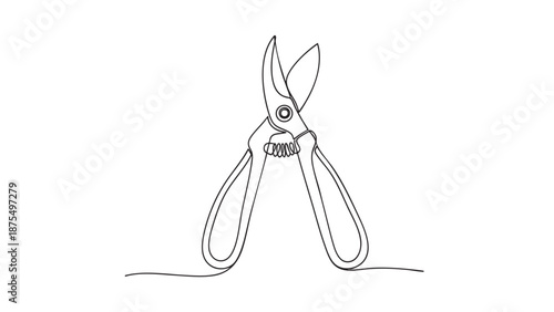 An abstract single line drawing illustrates garden shears with a spring mechanism, rendered with clean black lines on a white background.