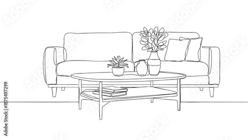 A minimalist line drawing of a modern living room scene featuring a sofa, a coffee table with plants and books, and throw pillows.
