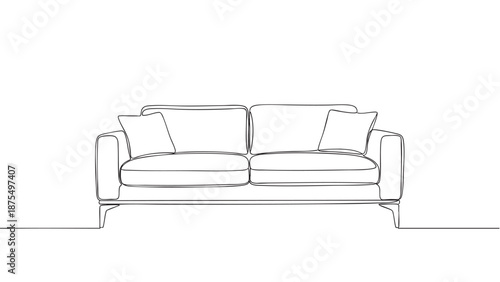 A minimalist single line drawing of a modern sofa with two pillows against a clean white background, perfect for interior design concepts.