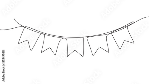 A minimalist black line drawing of a festive bunting banner strung across a white background, perfect for celebrations and party invitations.