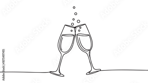A minimalist line drawing depicts two champagne flutes clinking together, with small bubbles rising from the liquid, suggesting a festive celebration or toast.