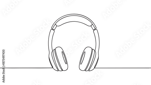 A minimalist black line drawing of modern headphones on a clean white background, conveying a sense of sound, music, or technology.
