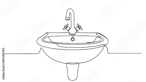 A minimalist black and white line drawing of a modern bathroom sink with a faucet and a cup, creating a clean and simple aesthetic.