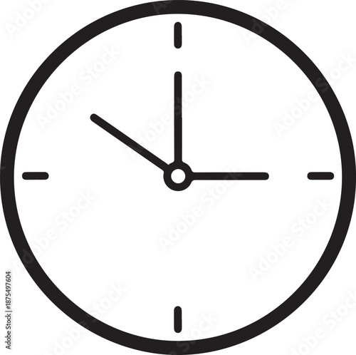 A simple black and white analog clock face with hour and minute hands on isolated