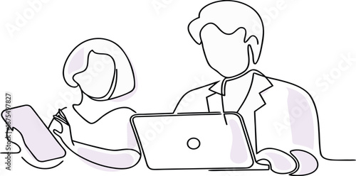 Continuous line art of five professionals in a collaborative meeting around a table.