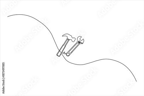 Single continuous line drawing of a hammer and wrench positioned at an angle. Minimalist icon for home repair, construction, and maintenance.