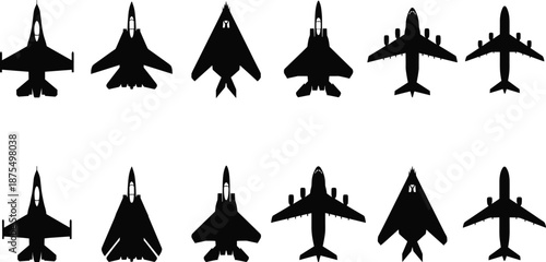 Aircraft icon set, editable vector clipart, isolated, black silhouettes, fighter jet, airplane, top view, wingspan, aviation, military