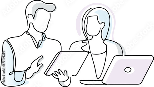 Continuous line art of five professionals in a collaborative meeting around a table.