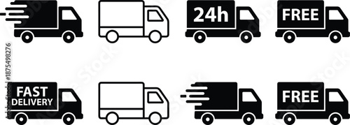 Delivery truck icon set, silhouette and label styles, fast shipping, free delivery, black vector graphics, logistics theme
