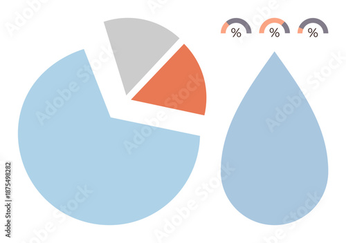 Data analysis, statistics, reporting, business presentations, productivity, visual tools. Pie chart with data segments and drop shape, percentage indicators. Data analysis and statistics concept