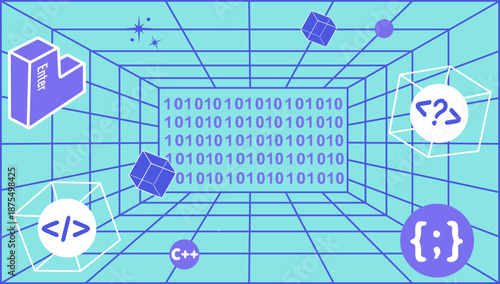 Futuristic Metaverse Room with Binary Code, Virtual Reality Digital Space Background for Technology and Education SVG Illustration