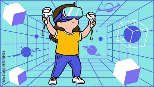Happy Kid Using VR Controllers in Metaverse World, Child Experiencing Virtual Reality Gaming and Education Flat SVG Illustration