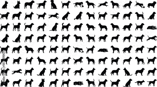 Dog icon set, black silhouette illustrations, breed and posture variations, vector graphics, pet theme, canine behavior design