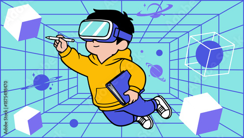 Boy Using Virtual Reality Headset and Stylus in Metaverse Space, Creative VR Education and Digital Learning Concept Flat SVG Illustration