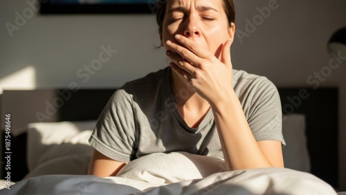 A woman yawning after waking up