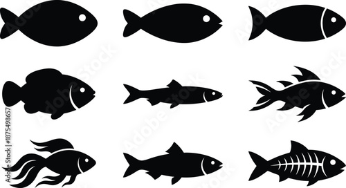 Fish icon set, silhouette illustrations, black vector graphics, aquatic species, marine life theme, underwater design, biological diversity