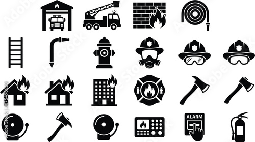 Fire safety icon set, firefighting symbols, editable vector clipart, isolated, black silhouettes, emergency tools, fire truck, extinguisher