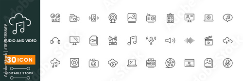 Audio and video icon set, multimedia sound and media player symbols, music playback icons, modern flat vector design