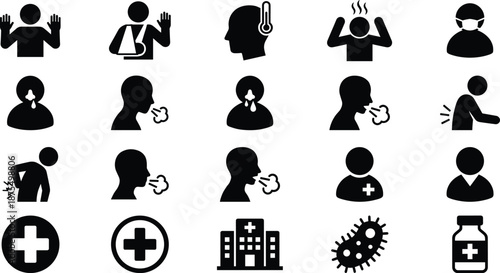 Health symptoms icon set, editable vector clipart, isolated, black silhouettes, fever, cough, mask, pain, hospital, medicine