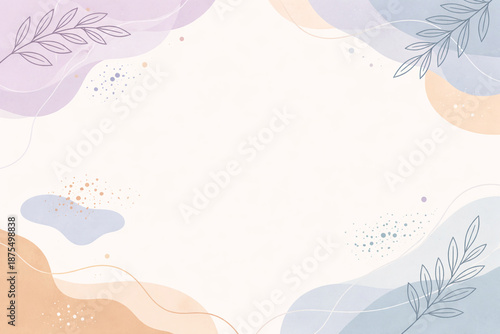 Pastel Abstract Botanical Background with Soft Shapes and Line Art Leaves