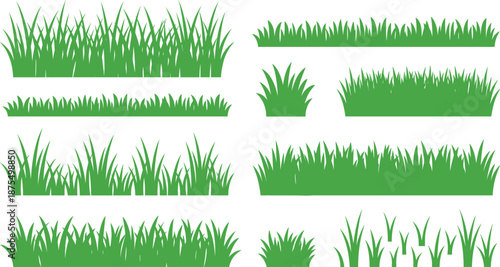 Grass silhouette icon set, green vector blades, stylized lawn shapes, landscaping graphic elements, botanical theme, garden illustration