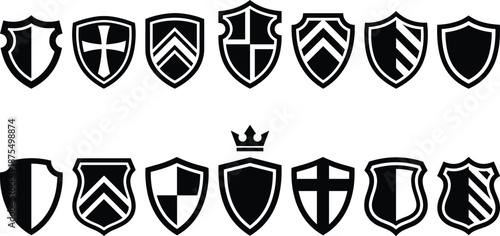 Heraldic shield icon set, black and blue vector graphics, royal symbols, crest designs, emblem theme, historical illustration