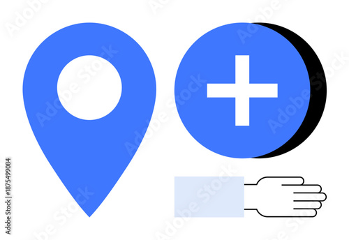 Geolocation concept. Symbols combine geolocation services with healthcare and support systems. Geolocation provides assistance in emergencies with user-friendly tools. For navigation, aid, health