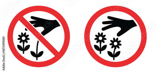Do not pluck flowers or blooms prohibition sign with stop symbol and no ban, ideal for park rules, garden protection, plant conservation, public warning signage, and flat vector design use.