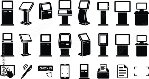 Kiosk icon set, self-service symbols, editable vector clipart, isolated, black silhouettes, touchscreen, check-in, receipt, scan, mobile