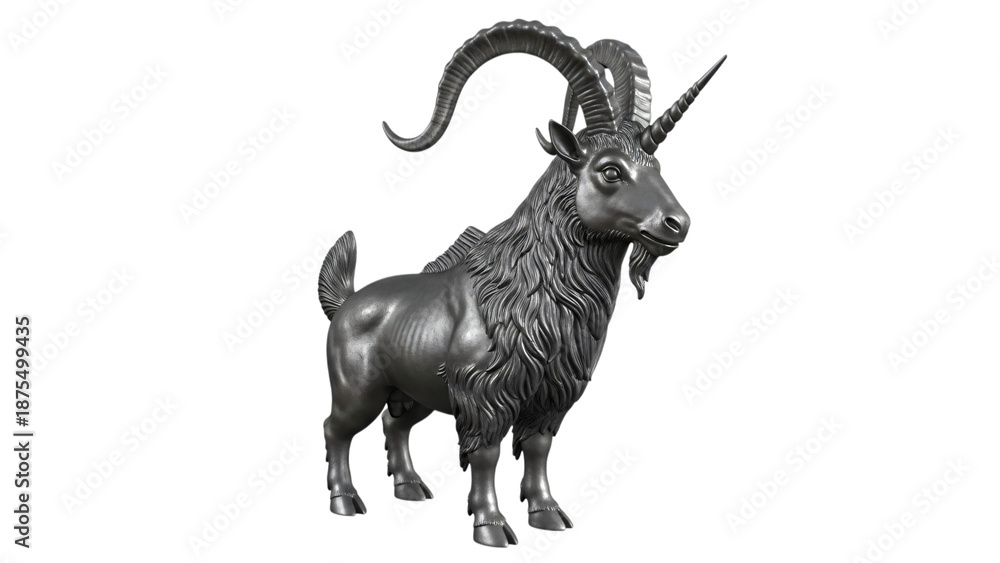 Fototapeta premium Black and white goat figuri with long horns and large horns standing.