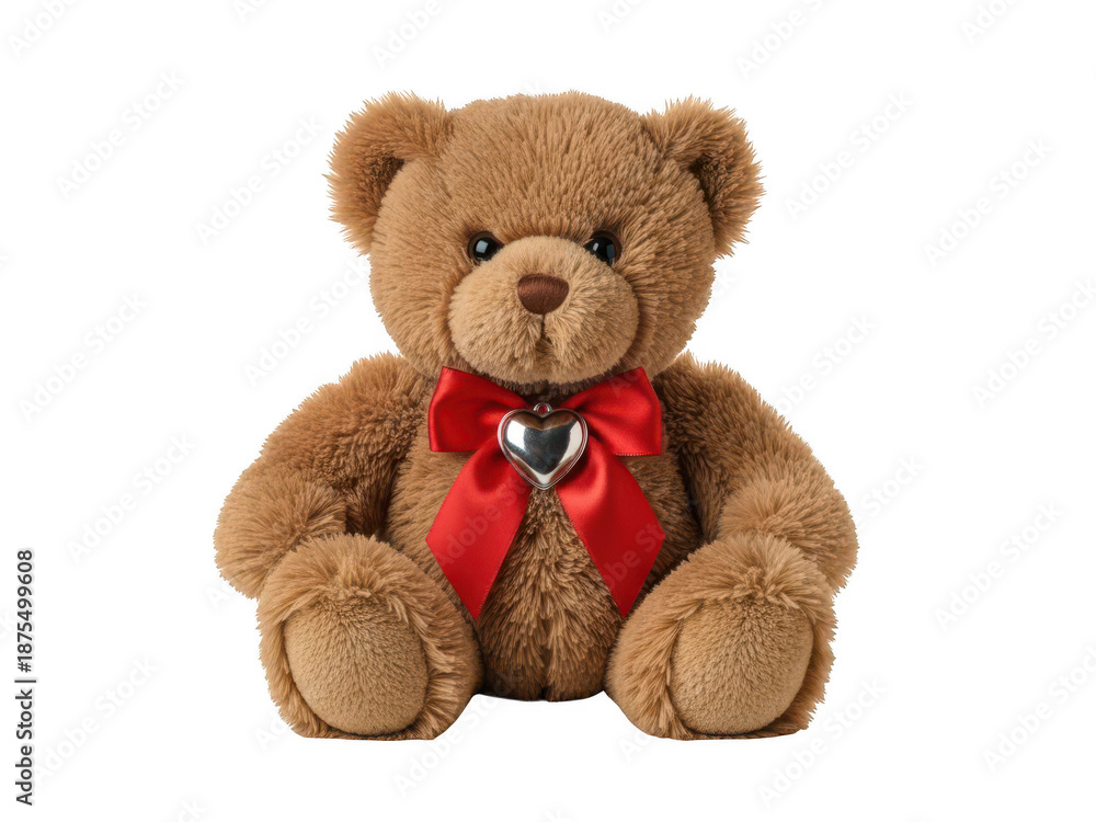 Fototapeta premium Cute brown teddy bear with red bow and silver heart pendant sitting on a transparent background