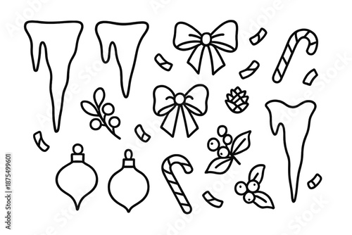 Decorative holiday elements featuring bows, candy canes, and ornaments for festive designs and crafts