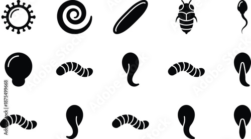 Microbe icon set, editable vector clipart, isolated, black silhouettes, virus, bacteria, parasite, helix, sperm, mite, larva