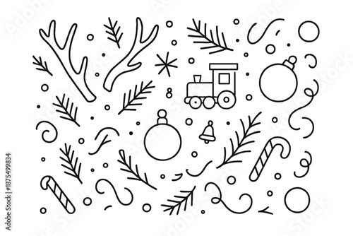 Colorful winter holiday theme with train, ornaments, and pine branches for festive decoration or activities