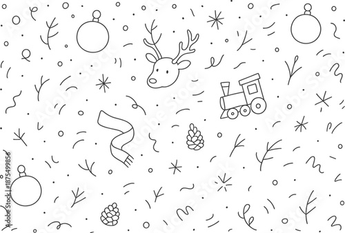 Festive doodles featuring a train, ornaments, and winter elements for a cheerful holiday design